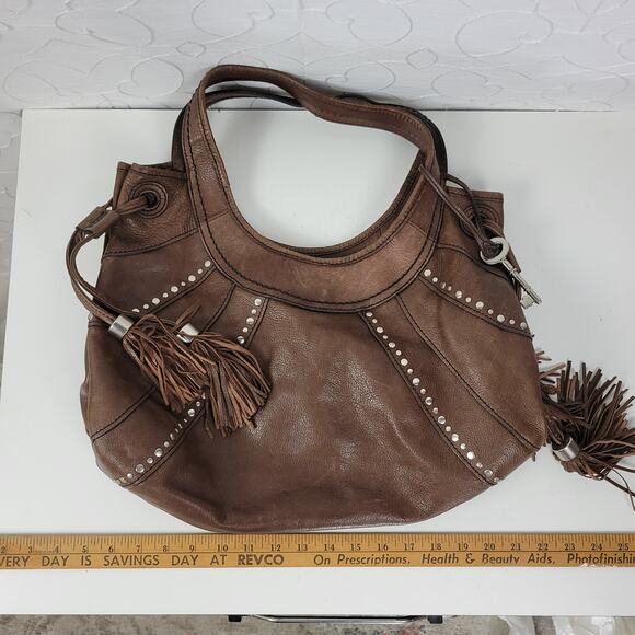 Fossil Fifty Four Womens Shoulder Bag Brown Leather Tassels Studded Hobo Western - Picture 11 of 13